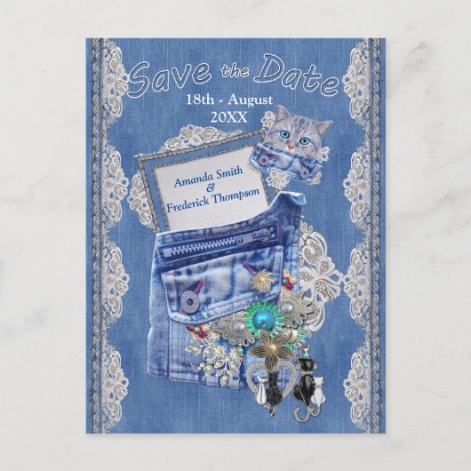 Carte Postale Faire-part Poche Denim avec bijoux costume et chaton (Devant)