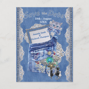 Carte Postale Faire-part Poche en denim avec bijoux de fantaisie et un chat