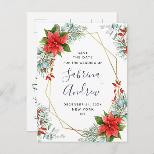 Carte Postale Faire-part Poinsettia Eucalyptus Mariage de pin Enregistrer l (Devant / Derrière)