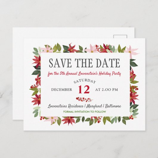 Carte Postale Faire-part Poinsettia Noël Fête Enregistrer La Date (Devant / Derrière)