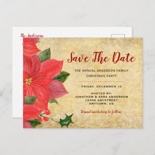 Carte Postale Faire-part Poinsettia rustique | Enregistrez la date Fête de (Devant / Derrière)