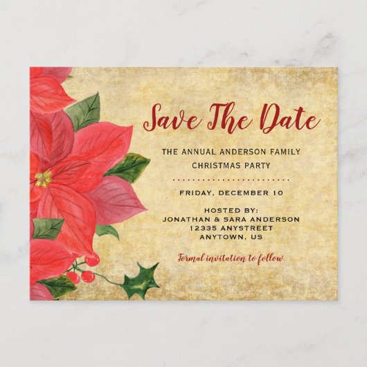 Carte Postale Faire-part Poinsettia rustique | Enregistrez la date Fête de  (Devant)
