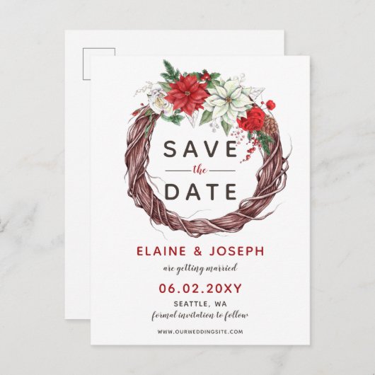 Carte Postale Faire-part Poinsettia rustique Feuillage d'hiver Enregistrer  (Devant / Derrière)