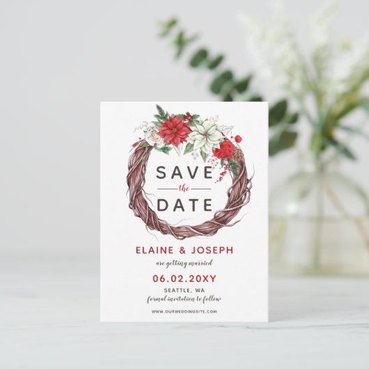 Carte Postale Faire-part Poinsettia rustique Feuillage d'hiver Enregistrer (Debout devant)