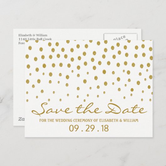 Carte Postale Faire-part Point Gold - Blanc & Or - Économisez la Date (Devant / Derrière)