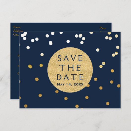 Carte Postale Faire-part Points Confetti Bleu & Or brillants Enregistrer La (Devant / Derrière)