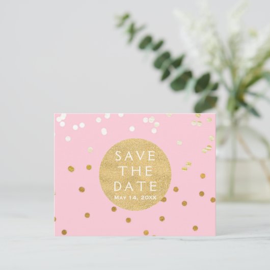 Carte Postale Faire-part Points Confetti Rose & Or brillants Enregistrer La (Debout devant)