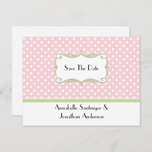 Carte Postale Faire-part Pois roses avec vert pâle Enregistrer la date (Devant / Derrière)