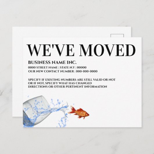 Carte Postale Faire-part Poisson rouge sautant de verre déménagé entreprise (Devant / Derrière)