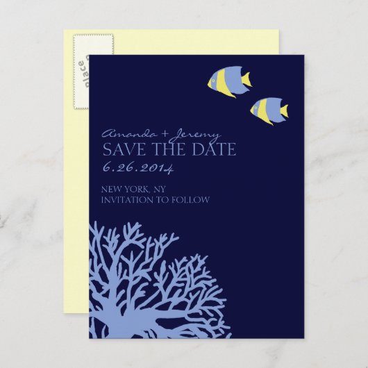 Carte Postale Faire-part Poisson Tropical Bleu et Jaune Épargnez la Date (Devant / Derrière)