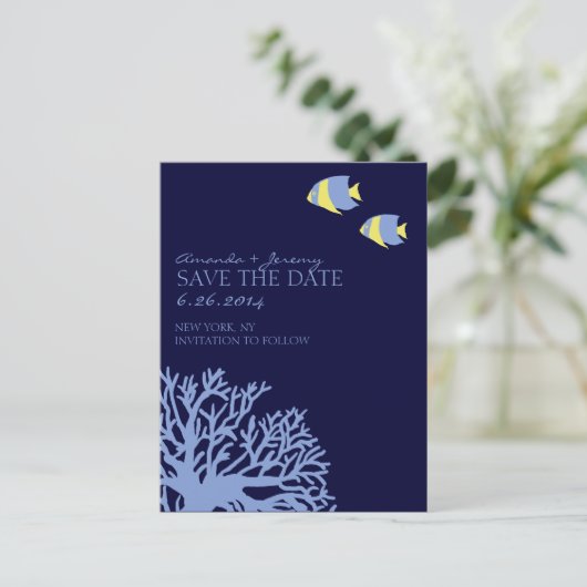 Carte Postale Faire-part Poisson Tropical Bleu et Jaune Épargnez la Date (Debout devant)