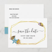 Carte Postale Faire-part Polygone de feuille d'or, coquillages mariage Save (Devant / Derrière)