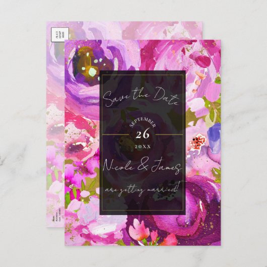 Carte Postale Faire-part Pops de rose et violet floral vibrant Enregistrer (Devant / Derrière)