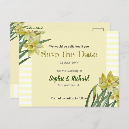 Carte Postale Faire-part Portrait de fleurs de jonquilles à l'aquarelle Enr (Devant / Derrière)