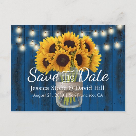 Carte Postale Faire-part Pot de tournesol bleu marine Mariage à la grange É (Devant)