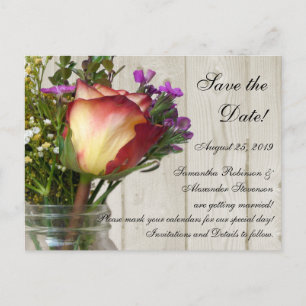 Carte Postale Faire-part Pot Mason avec Rose et Fleurs Sauvages