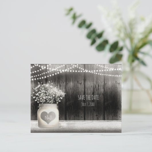 Carte Postale Faire-part Pot Mason Jar & Bébé's Breath Rustique Enregistrer (Debout devant)