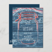 Carte Postale Faire-part Pot Mason Jar & Lumières Rouge Blanc & Bleu Save T (Devant / Derrière)