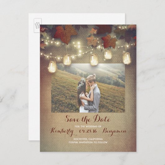 Carte Postale Faire-part Pots Mason en feuilles d'érable automne Photo Enre (Devant / Derrière)