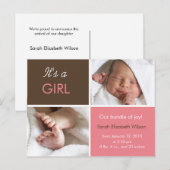 Carte postale faire-part pour fille bébé (Devant / Derrière)