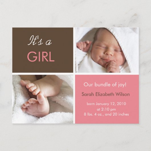 Carte postale faire-part pour fille bébé (Devant)