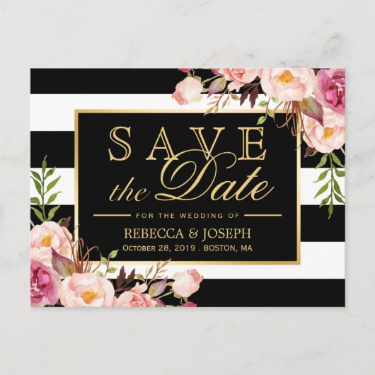 Carte Postale Faire-part (pour USPS) Gold Floral Black Stripes Enregistrer (Devant)