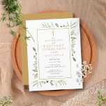 Carte Postale Faire-part Première Sainte Communion Aquarelle Verdure Sauvez<br><div class="desc">Doté de délicats feuilles d'aquarelle et d'un élégant crucifix en or,  ce chic neutre de genre Première Sainte Communion,  sauf la date,  l'invitation peut être personnalisée avec vos informations spéciales,  avec un arrière - plan en or au verso. Conçu par Thisisnotme©</div>