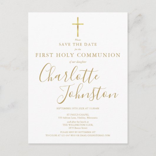 Carte Postale Faire-part Première Sainte Communion Signature Or Enregistrer (Devant)