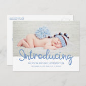Carte Postale Faire-part Présentation de la typographie de bébé garçon bleu (Devant / Derrière)