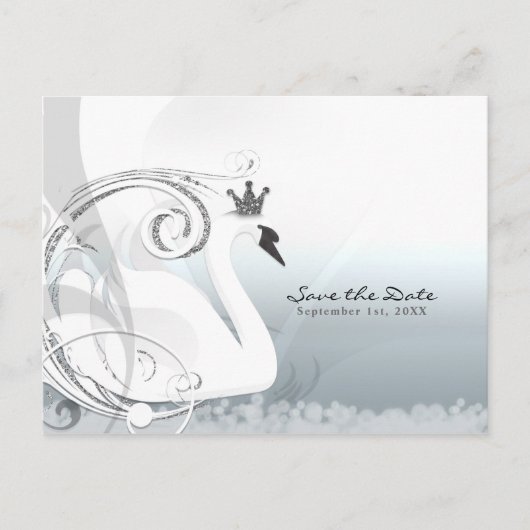 Carte Postale Faire-part Princesse Cygne Argent & Blanc Save the Date (Devant)