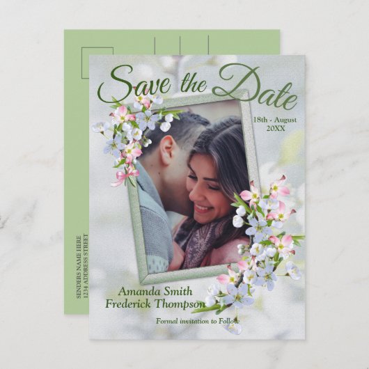 Carte Postale Faire-part Printemps fleuri à la chaleur Enregistrer les date (Devant / Derrière)