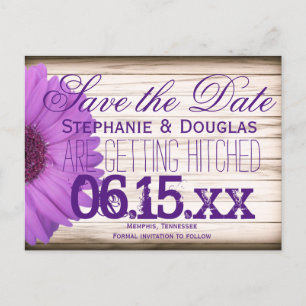 Carte Postale Faire-part Purple Daisy Bois rustique Enregistrer la date Car