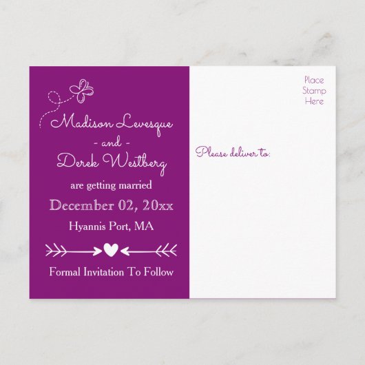 Carte Postale Faire-part Purple Enregistrer la date Papillons & Coeurs Mari (Dos)