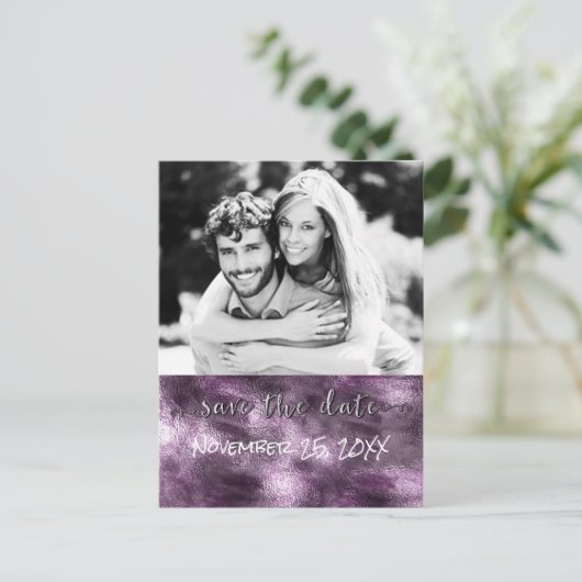 Carte Postale Faire-part Purple Faux Foil Glamour Chic Enregistrer La Date (Debout devant)