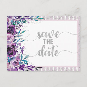 Carte Postale Faire-part Purple Floral & Mariage Argent Enregistrer la date