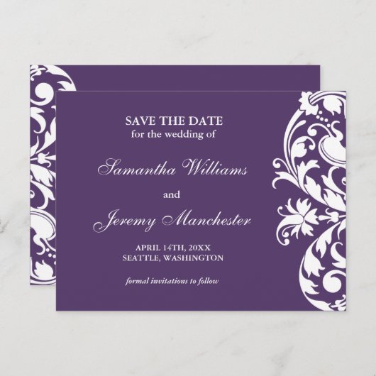 Carte Postale Faire-part Purple Flourish Swirl Enregistrer La Date Annonce (Devant / Derrière)