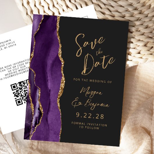 Carte Postale Faire-part Purple Gold Agate Dark QR Code Enregistrer la date