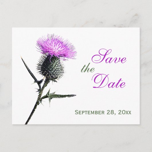 Carte Postale Faire-part Purple Green White Thistle Enregistrer la date Car (Devant)