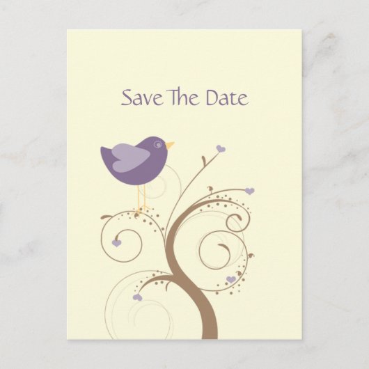 Carte Postale Faire-part Purple Lovebird and Hearts Enregistrer la date (Devant)