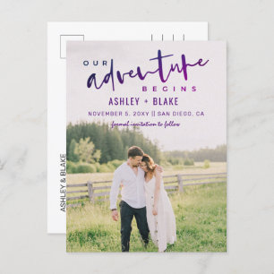 Carte Postale Faire-part Purple Our Adventure commence Photo Save the Date