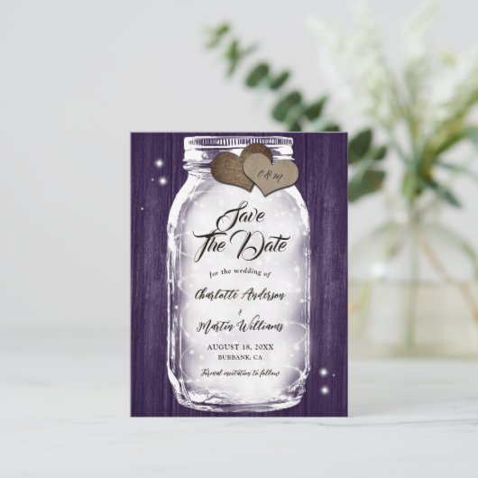 Carte Postale Faire-part Purple Russe Mason Jar String Lumières Mariage en  (Debout devant)