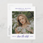 Carte Postale Faire-part Purple Script Sweet 16 Photo Enregistrer la date (Devant / Derrière)