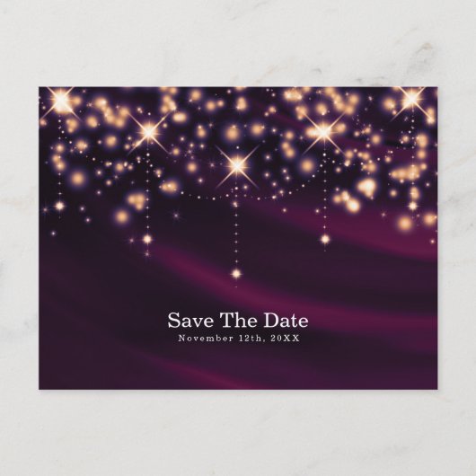 Carte Postale Faire-part Purple Silk & Gold Sparkle Glam Enregistrer la dat (Devant)