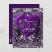 Carte Postale Faire-part Purple & Silver Heart Sweet 16 Save the Date Party (Devant / Derrière)