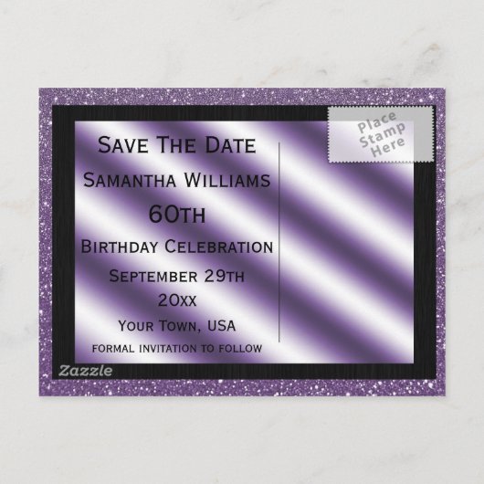 Carte Postale Faire-part Purple Stiletto & Streamers 60e Enregistrer la dat (Dos)