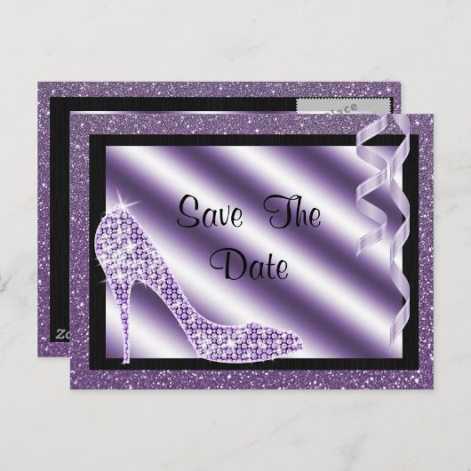 Carte Postale Faire-part Purple Stiletto & Streamers 65e Enregistrer La Dat (Devant / Derrière)