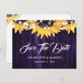 Carte Postale Faire-part Purple Sunflower Wood Lumières Mariage Enregistrer (Devant / Derrière)