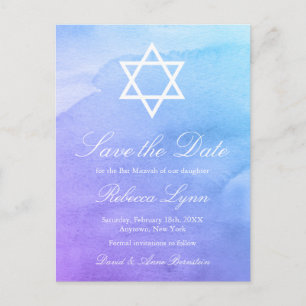 Carte Postale Faire-part Purple   Teal Watercolor Bat Mitzvah Enregistrer l