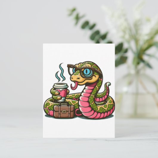 Carte Postale Faire-part Python boit du café (Debout devant)