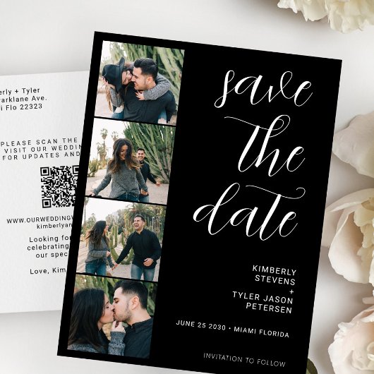 Carte Postale Faire-part QR CODE moderne 4 photos noir mariage